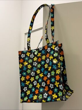 Vintage ALDO Black Floral Glossy Tote with Multicolor Flowers